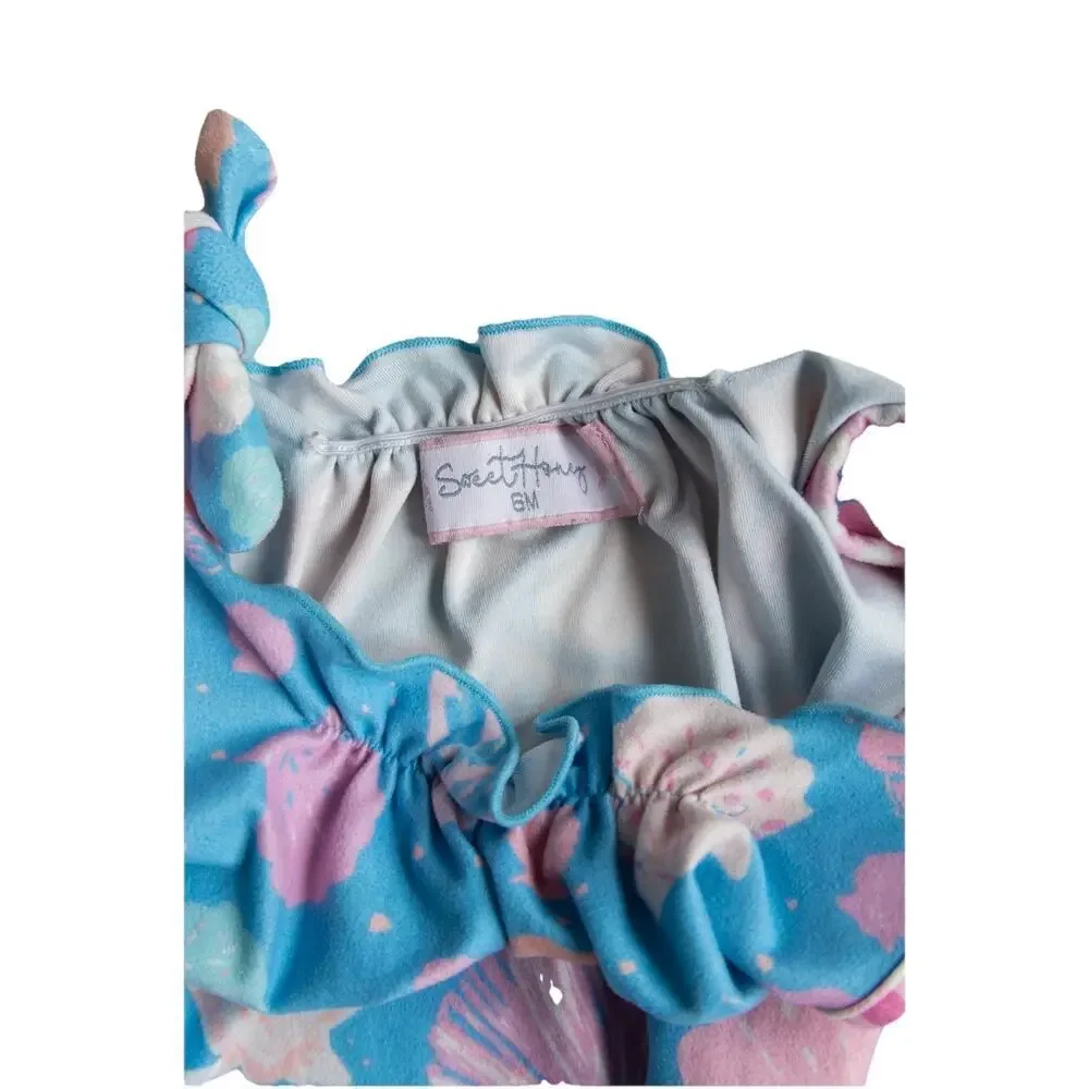 SWEETHONEY Baby Girl Shell Print Romper Bubble Sunsuit Blue Pink 6 Months